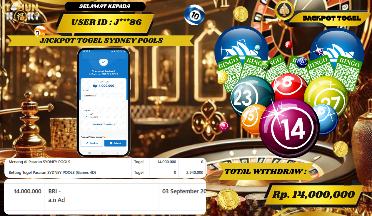TAHUNHOKI JACKPOT TOGEL SYDNEY POOLS Rp. 14,000,000,- LUNAS